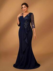 Serin Vestido elegante y romántico de talla grande con escote en V, parches de lentejuelas, tejido de punto, manga media transparente, parche floral, volantes y dobladillo de cola de sirena para ocasión especial de la madre