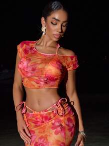 BamGleam 2pcs Women Printed Swimwear Top - Triangle Tie Strap With Mesh Cami, Summer Beach Vacation Style - Multicolor - View 8