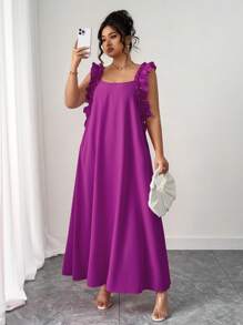 SHEIN PETITE 女士加大码优雅纯色荷叶边领连衣裙，夏季 - 紫色 - 查看 1