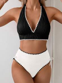 Swim Basics 2件套女士性感罗纹撞色比基尼泳装 - 彩色 - 查看 1