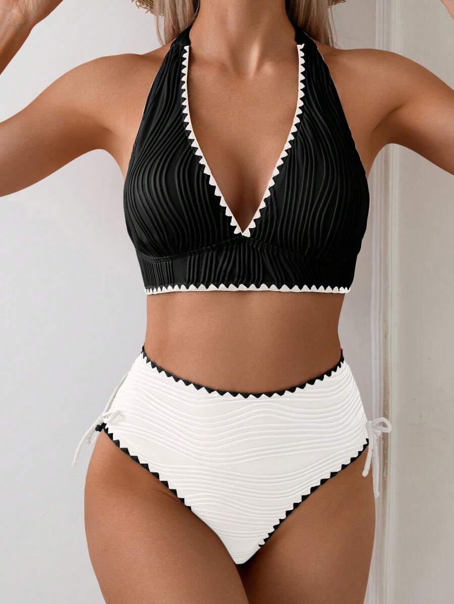 Swim Basics 2件套女士性感罗纹撞色比基尼泳装 - 彩色 - 查看 1