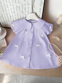 SHEIN Babykleid Sommerstil süß mit rosa Peter Pan Kragen Schleife Kurzarm