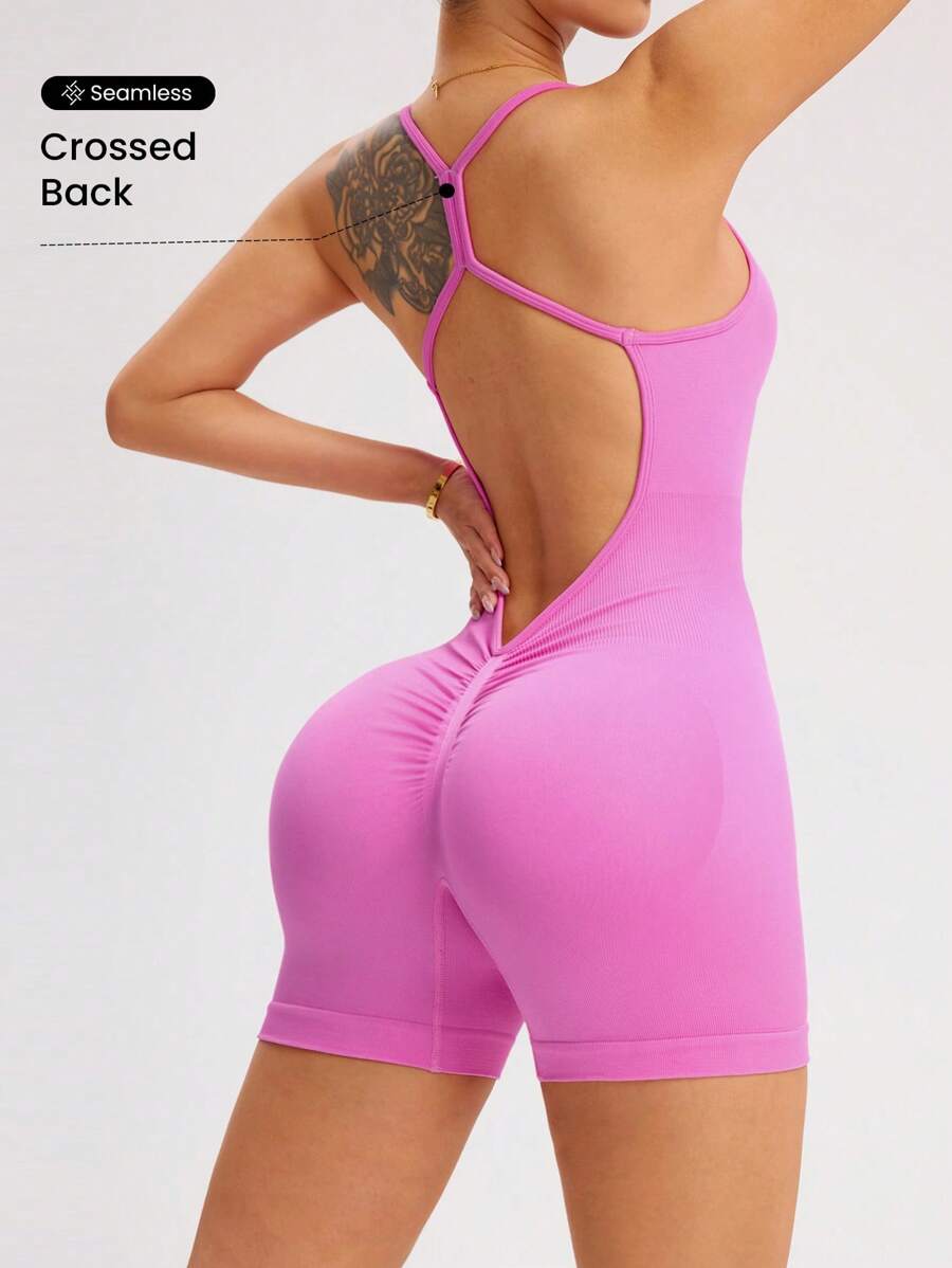 Core Rhythm Women's Plain Color Back Hollow Ruffle Strap Romper Jumpsuit Workout Jumpsuits For Woman