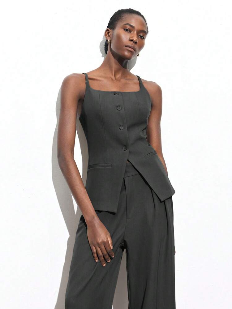 SHEIN Maija 2025 Autumn/Winter New Gray Adjustable Strap Office Wear Sleeveless Top For Women, Flattering, Elegant, Versatile For Work, Casual, Commute, Music Festival, Beach Vacation, Suitable For Outings, Weddings, Graduations, Airports, Beach, Concerts, Parties, And Other Formal Occasions