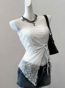 SHEIN EZwear Two Piece Set Women Black & White Mesh Drawstring   Bandeau Crop Tops