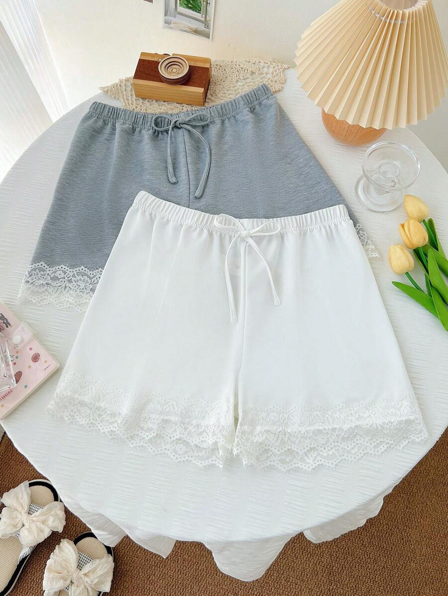 Set de pijama de 2 piezas para mujer con shorts de encaje a contraste y con lazo en la cintura - Multicolor - Ver 1