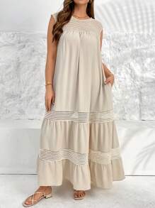 SHEIN Essnce Abito lungo senza maniche, con tasche, in stile casual e comodo, in prospettiva e con effetto traforato, in colore albicocca, adatto a donne in taglie forti per la primavera e l'estate, ideale per la vacanza al mare