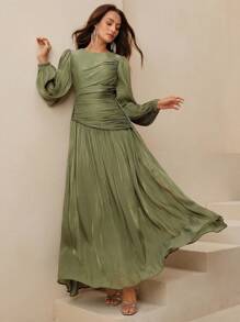 Anewsta Women Olive Green Long Sleeve Pleated Waist Shiny Dress, Elegant And Versatile - Olive Green - View 6