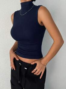 DAZY 女式高领紧身无袖吊带背心 - 藏蓝色 - 查看 3