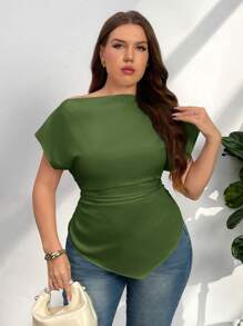 Firerie Camisa informal de manga corta con botones de unicolor para tallas grandes - Verde - Ver 6