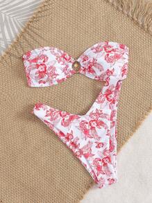 Swim Mod Conjunto de 2 piezas de bikini para verano y playa con top tubo sin tirantes y decoración de colgante con anillo circular