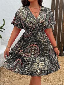 SHEIN Clasi Plus Size All-Over Print Short Sleeve Casual Vacation Dress - Black - View 7