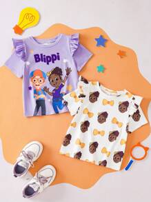 Blippi X SHEIN 2pcs/Set Young Girl Cartoon Star Letter Graphic Loose Raglan Short Sleeve Ruffle Trim T-Shirt - Multicolor - View 1
