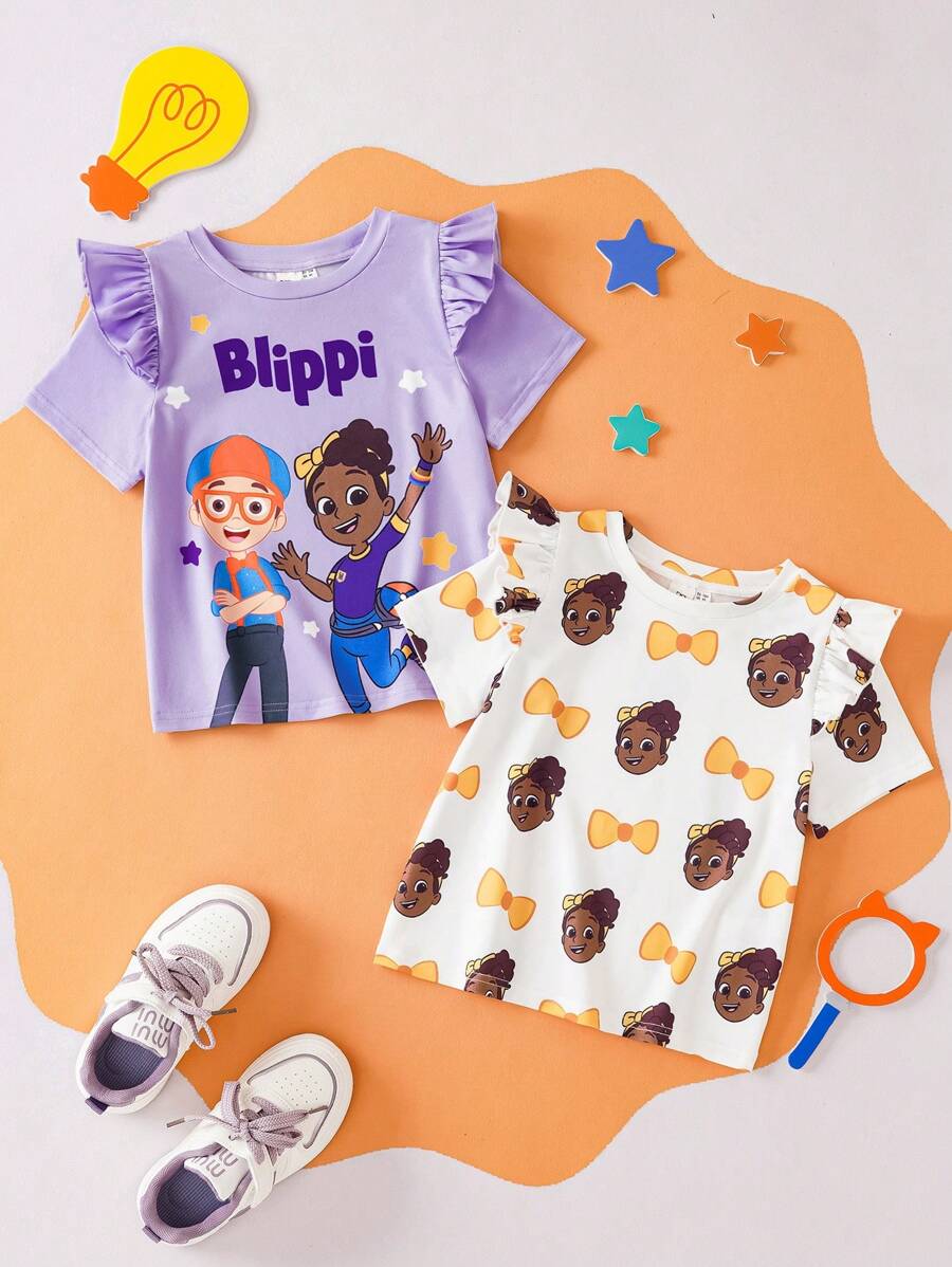 Blippi X SHEIN 2pcs/Set Young Girl Cartoon Star Letter Graphic Loose Raglan Short Sleeve Ruffle Trim T-Shirt - Multicolor - View 1