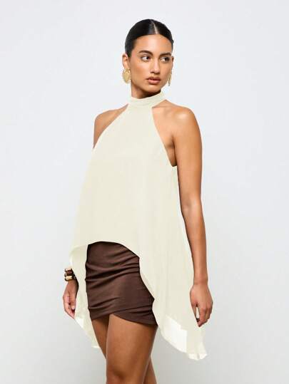 AiiRZ Elegante blusa de cuello halter con volantes, top asimétrico de gasa sin mangas para fiesta, ocasión especial, camisola