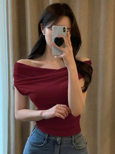 DAZY 女式纯色露肩短袖T恤，春夏