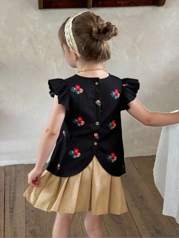 LMoss Kids Young Girl Fashion Holiday Casual Ditsy Floral Ruffled Collar Fitted Blouse