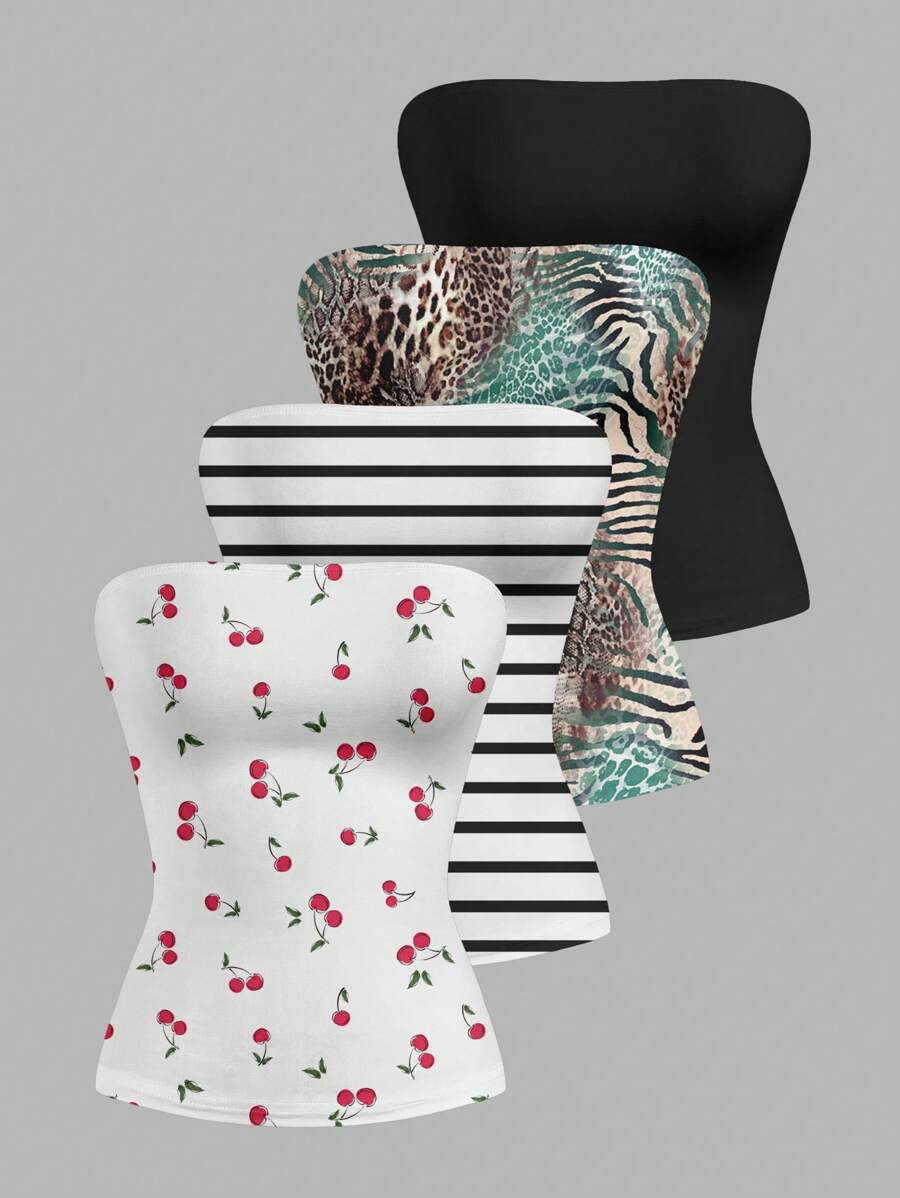 SHEIN EZwear 4件套女士休闲樱桃红、条纹、豹纹性感百搭抹胸露脐上衣，无肩带露脐上衣，夏季抹胸上衣，3件装，夏季无肩带沙滩装，适合外出穿着 - 彩色 - 查看 1