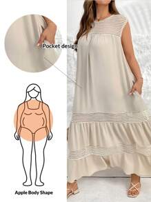 SHEIN Essnce Abito lungo senza maniche, con tasche, in stile casual e comodo, in prospettiva e con effetto traforato, in colore albicocca, adatto a donne in taglie forti per la primavera e l'estate, ideale per la vacanza al mare