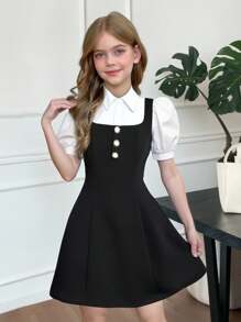SHEIN Vestido de manga corta informal con cuello, mangas abullonadas y corte de color en bloques para niñas preadolescentes