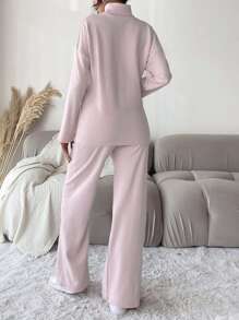 EURMUSE Drop Shoulder T-Shirt mit Stehkragen, & Hose - Pink - Übersicht 2