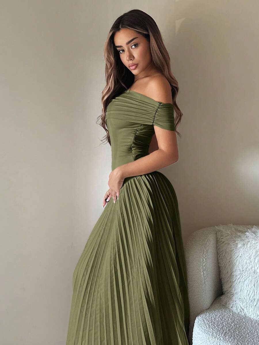 SHEIN ICON Váy dạ hội 1 mảnh trễ vai màu trơn xếp ly thanh lịch - xanh quân đội - Xem 1