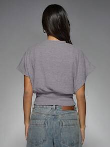 MISSGUIDED Cropped Knit Shoulder Top Drop Sleeve Autumn Winter Cozy Casual Fitted Waist Ribbed Short Sleeve Sweater - Lilac Purple - View 2