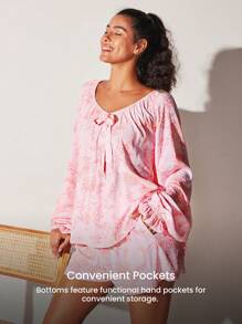 LUVLETTE 柔软人造丝度假风花卉图案灯笼褶边长袖上衣和短裤家居服透气睡衣套装带口袋裤子新娘内衣，平角裤套装，春夏配套套装婚礼用品 - 粉色 - 查看 9