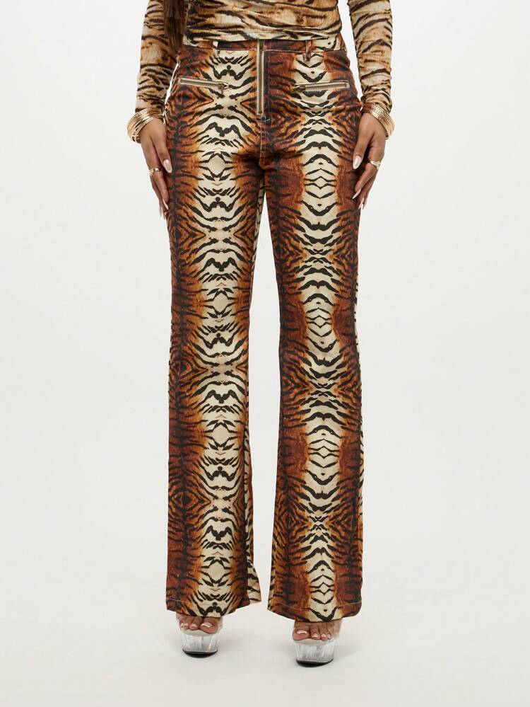 SUMWON WOMEN Tiger Leopard Print Wide Leg Jeans