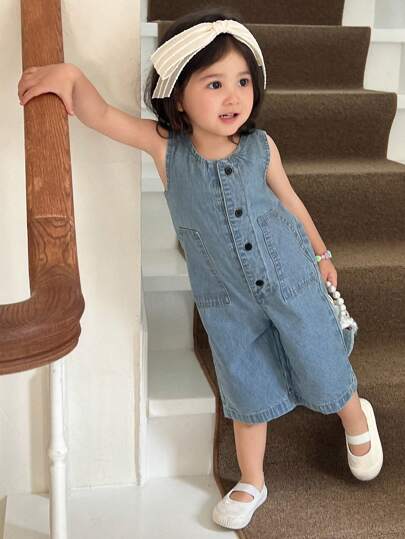 Hapijoa Baby Girls Casual Street Sleeveless Round Neck Denim Jumpsuit
