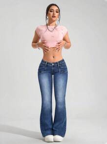SHEIN EZwear Distressed Low-Waist Flare Leg Women Jeans Y2k - Dark Wash - View 6