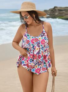 Swim Lushoire Plus Size Women Tankini Bikini Set With High Waist Ruffle Design, 2 Pieces Swimsuit For Summer Beach Vacation - Multicolor - View 1