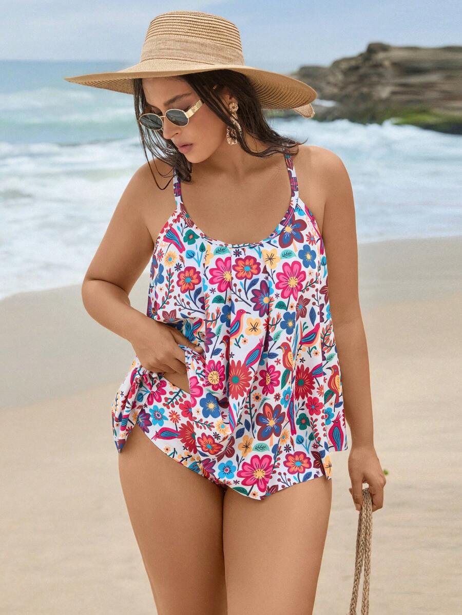 Swim Lushoire Plus Size Women Tankini Bikini Set With High Waist Ruffle Design, 2 Pieces Swimsuit For Summer Beach Vacation - Multicolor - View 1