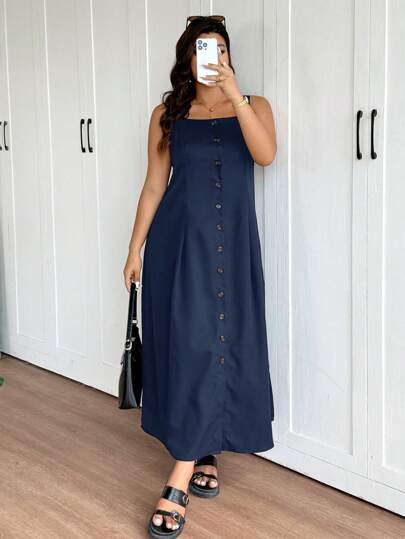 Lounesse Plus Size Women Sleeveless Button Design Black Extra Long Maxi Dress, Fashionable Casual Commuter Dress, New Arrivals Spring/Summer, Ins Style,Business Casual Woman Office Work