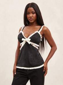 NYA SZN Top avec volant contrasté, idéal pour sortir, brunch, tenue de rue, église, usage quotidien, décontracté, chic, modeste, satin pastel, déclaration, festival - Noir - Voir 1