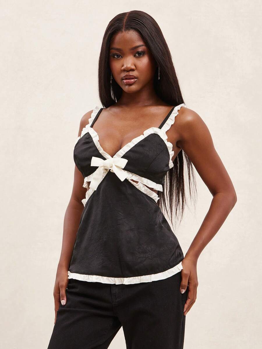 NYA SZN Top avec volant contrasté, idéal pour sortir, brunch, tenue de rue, église, usage quotidien, décontracté, chic, modeste, satin pastel, déclaration, festival - Noir - Voir 1