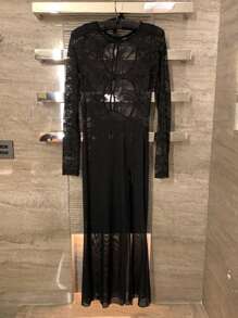 DAZY 蕾丝拼接透视网纱镂空高开衩修身性感女士睡裙内衣 - 黑色 - 查看 9