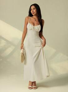 SHEIN PETITE Women Summer Elegant Solid Color Spaghetti Strap Dress - Apricot - View 4