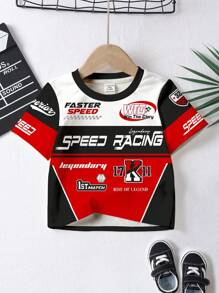 SHEIN 年轻男孩休闲简约时尚经典酷赛车文化图案圆领宽松短袖 T 恤，适合夏季 - 彩色 - 查看 2