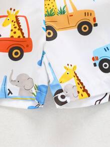 SHEIN Playful Pals Conjunto de bebé y niño pequeño de top de manga corta con estampado de animales y carros lindos, y shorts estampados, adecuado para salidas y uso diario en primavera/verano