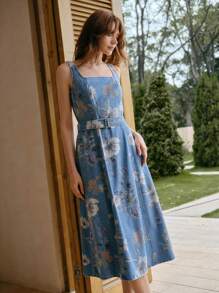 MOTF PREMIUM 花卉印花腰带牛仔连衣裙 - 藍色 - 查看 2