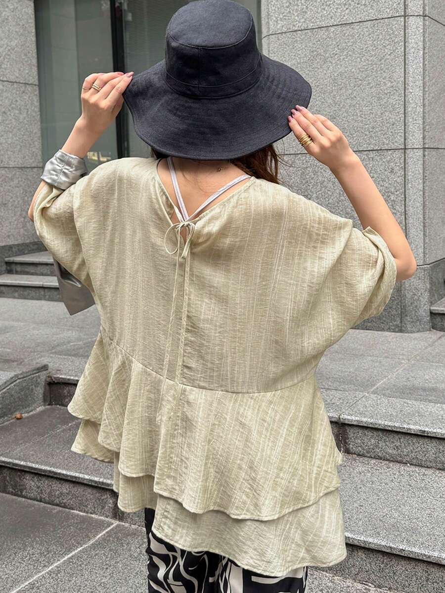 FRIFUL 女士简约纯色短袖衬衫，适合日常穿着 - 卡其色 - 查看 1