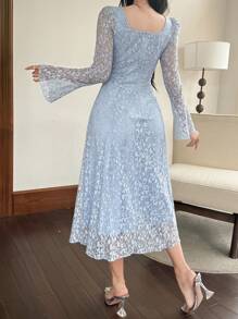 DAZY 女士蕾丝方领喇叭袖长裙，正式女士连衣裙，秋季连衣裙长袖连衣裙奢华舞会礼服 - 藍色 - 查看 2