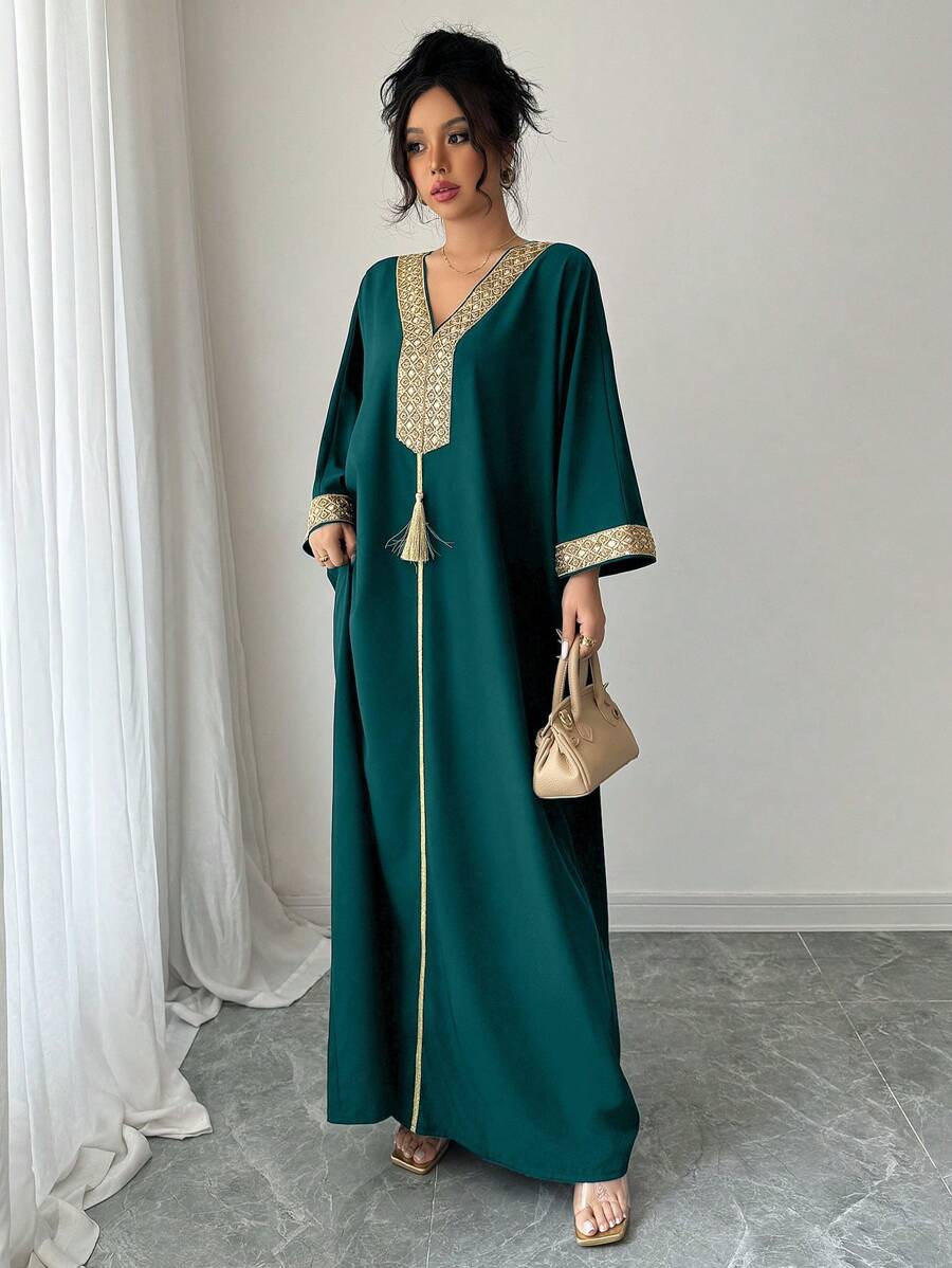 Rafferiza Women's Eastern Style Gold Metal Chain Detail Fringe Robe - Dark Green - View 1