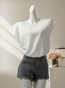 Modelyn 1 pieza Blusa de mujer de unicolor, con hombros asimétricos y manga corta elástica - Blanco - Ver 3