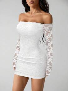 SHEIN PETITE Women's Off-Shoulder Long Sleeve Lace Patchwork Mini Dress,Summer Dresses Spring Clothes