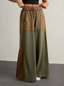 SHEIN Tall Women's Contrast Color Elastic Waist Drawstring Cargo Style Loose Pants, Summer - Multicolor - View 4