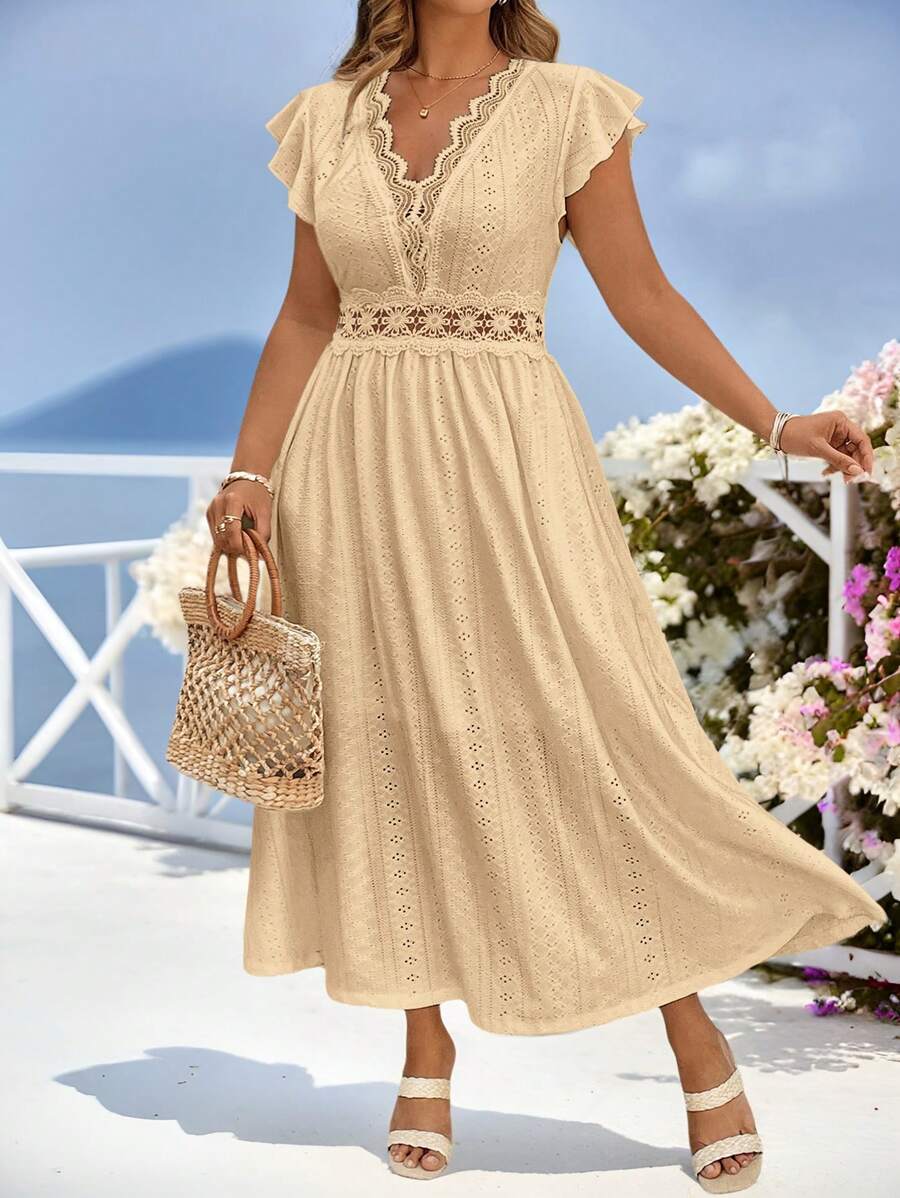 SHEIN Clasi 大码女式蕾丝拼布 A 字裙，白色弹力针织提花盖袖春夏连衣裙，女士夏季连衣裙，长裙 - 卡其色 - 查看 1