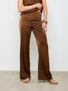 AiiRZ 奢华缎面套装吊带背心和阔腿裤家居服 Palazzo 高腰派对晚装度假服 - 棕色 - 查看 2