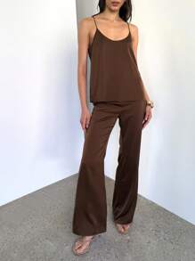 AiiRZ 奢华缎面套装吊带背心和阔腿裤家居服 Palazzo 高腰派对晚装度假服 - 棕色 - 查看 6